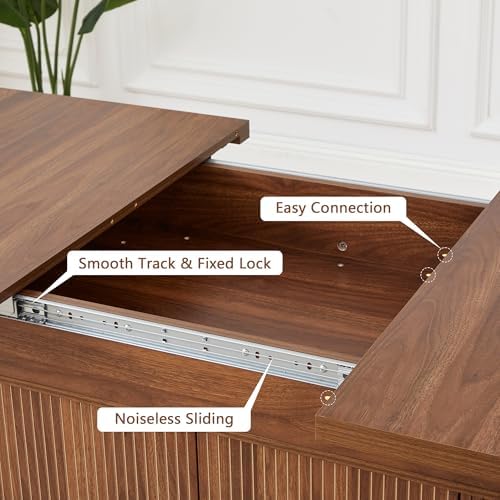 weselon 55"-71" Extendable Dining Table with Storage, Expandable Kitchen Table for 4-6, Space Saving Dining Room Table with Hidden Storage Cabinet, Adjustable Shelves & Fluted Base (Walnut)
