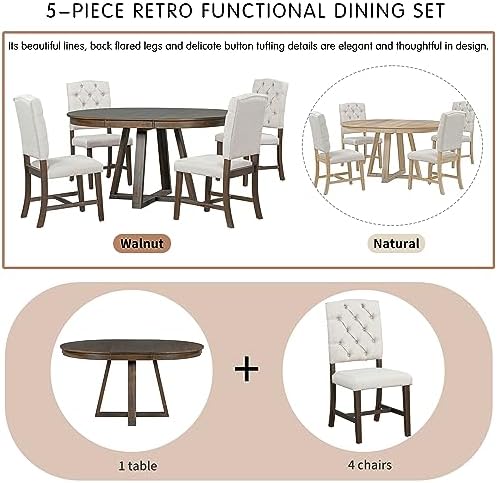 LUMISOL Round Dining Table Set for 4, Farmhouse Extendable Kitchen Table Set with 4 Upholstered Chairs, Solid Wood Table and Chairs Set for Kitchen, Dining Room, Living Room, Beige+Walnut