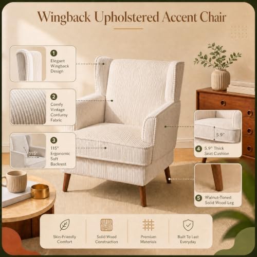 VINGLI 26" Wingback Accent Chair Set of 2, Corduroy Armchair for Apartment