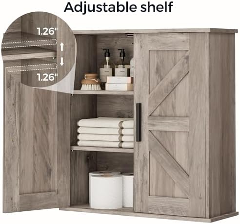 Homleke Bathroom Wall Cabinet, Medicine Cabinet with Adjustable Shelves | 3-Tier Wall Mounted Over Toilet Storage with Barn Doors, for Bathroom, Kitchen, Entryway, Laundry Room, Greige, (7.9" D)