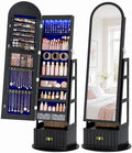 Vlsrka Arched LED Mirror Jewelry Cabinet with Full Length Mirror, Black | Lockable Jewelry Armoire Cabinet, 360° Swivel Jewelry Organizer with Drawer Storage, Foldable Makeup Shelf, 2 Rear Hooks
