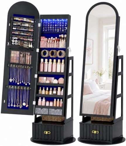 Vlsrka Arched LED Mirror Jewelry Cabinet with Full Length Mirror, Black | Lockable Jewelry Armoire Cabinet, 360° Swivel Jewelry Organizer with Drawer Storage, Foldable Makeup Shelf, 2 Rear Hooks