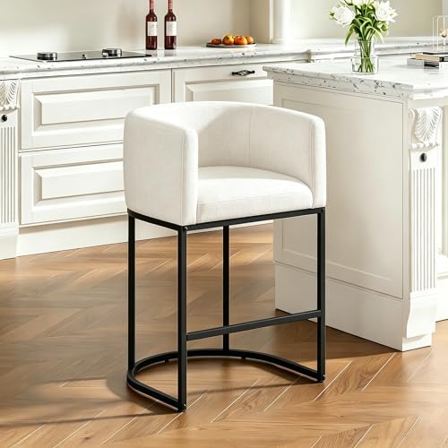 26" H Counter Height Bar Stools Set of 1, Modern Barrel Counter Stools with Backrest and Arms, Linen Fabric Upholstered Accent Barstools for Kitchen Island,Support 450 LBS (White)