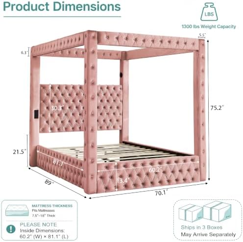 LUMISOL Canopy Bed Frame Queen Size, Velvet Upholstered Platform Bed with Button Tufted Headboard, Four Posters, Built-in Speaker and Charging Station, Heavy Duty Mattress Foundation, Pink