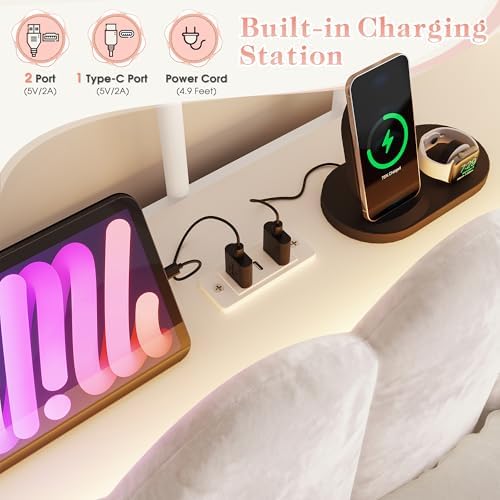 Homkdom Twin Canopy Bed Frame with Drawers and LED Lights & Charging,White