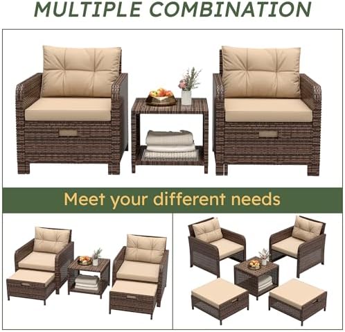 LHBcraft 5 Piece Patio Furniture Set, PE Wicker Outdoor Furniture Set with Soft Cushions & Coffee Table, Outdoor Lounge Chairs with Ottoman for Porch, Lawn, Balcony, Coffee-Beige