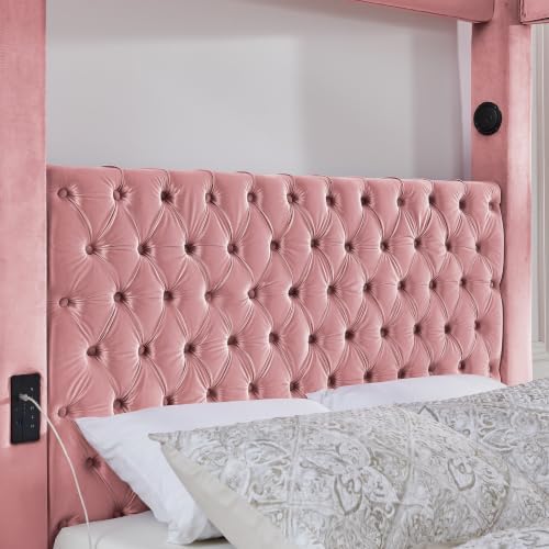 LUMISOL Canopy Bed Frame Queen Size, Velvet Upholstered Platform Bed with Button Tufted Headboard, Four Posters, Built-in Speaker and Charging Station, Heavy Duty Mattress Foundation, Pink