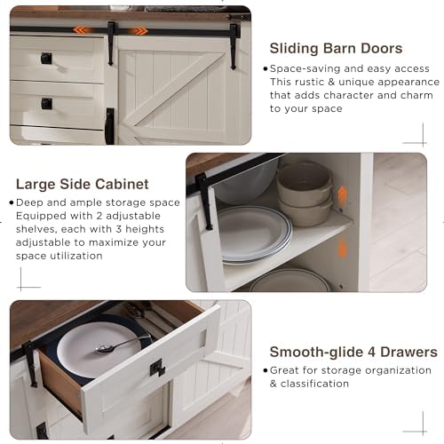 T4TREAM 60" Wide Farmhouse Sideboard Buffet Cabinet, Antique White