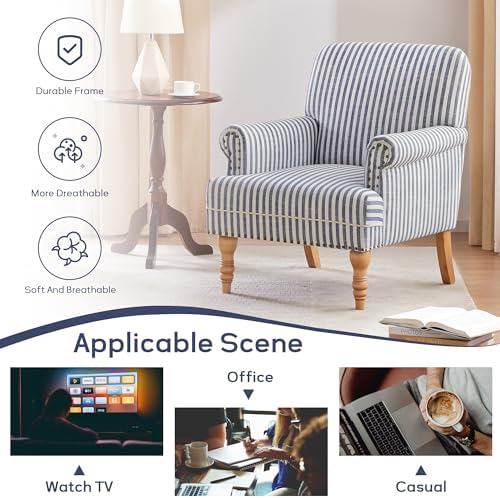 HUIMO Linen Fabric Accent Chair, Mid-Century Modern Armchair with Solid Wood Legs, Single Sofa Chair,Upholstered Reading Club Chair (1, Dark Blue and White Stripe)