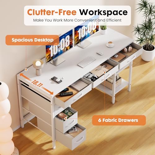 Sweetcrispy 55" Computer Desk with 6 Fabric Drawers & Storage Shelves
