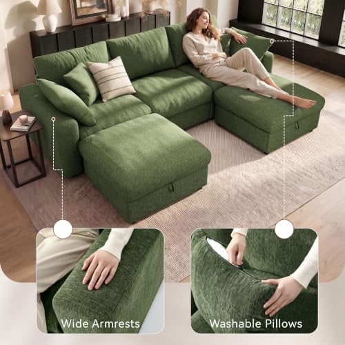 Ihanherry Oversized Cloud Sectional Couches for Living Room, Modular Sectional Sofa with Wide Deep Seat, Coner Couch with Throw Pillow and Storage Ottoman, Green