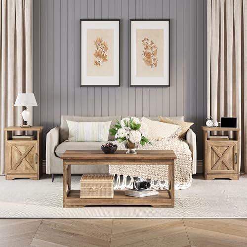 LUXOAK 3 Piece Living Room Table Set with Barn Door, Barnwood