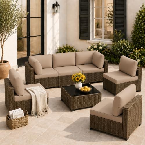 LOUVIXA 7 Piece Outdoor Patio Furniture Set, Outdoor Sectional Sofa, Wicker Rattan Patio Furniture, Patio Conversation Set with Coffee Table & Cushions