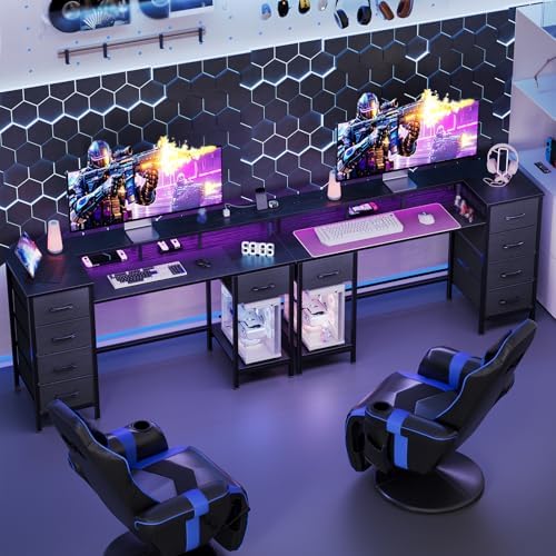 Korfile 55 Inch Gaming Computer Desk with Power Outlets,LED,5 Drawers,Black