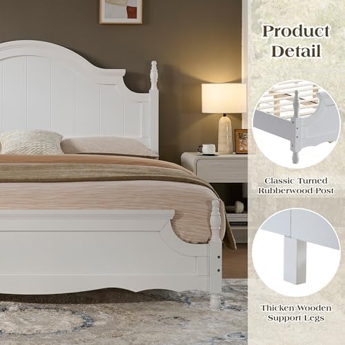 LUXOAK King Size Solid Wood Poster Bed, 55" Arched Headboard, White