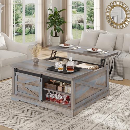 Itaar 39.4'' Lift Top Coffee Table with Storage, Farmhouse Coffee Tables for Living Room, Square Coffee Table with Large Hodden Compartment & 2 Drawrs & Adjustables Shelves (Blue)