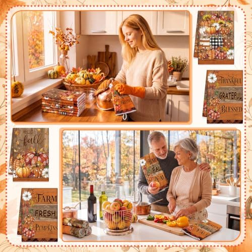 Redbaker 6 Pcs Fall Kitchen Towels, Dark Pumpkin Funny Dish Towel, Autumn Absorbent Farmhouse Decorative Fast Drying Tea Dishcloth with Hanging Loop for Kitchen Bathroom Home Housewarming Gift
