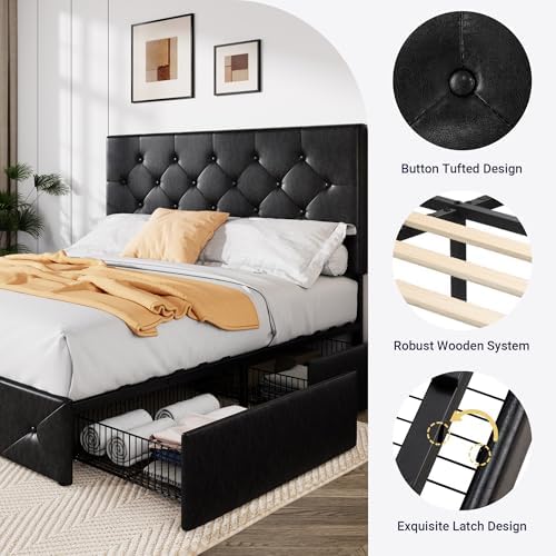 Allewie Full Size Storage Bed Frame with 4 Underbed Drawers, Upholstered Platform Bed with Adjustable Headboard, Diamond Button Tufted, Easy Assembly, Noise-Free, No Box Spring Needed, Black