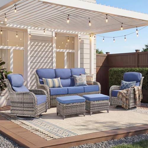 Luxury 5 Pieces Outdoor Patio Furniture Set-High Back Swivel Rocker Patio Chairs with Sofa and Ottomans, 6-inch Extra Thick Cushions Wicker Outdoor Conversation Set for Garden Porch(Grey/Blue)
