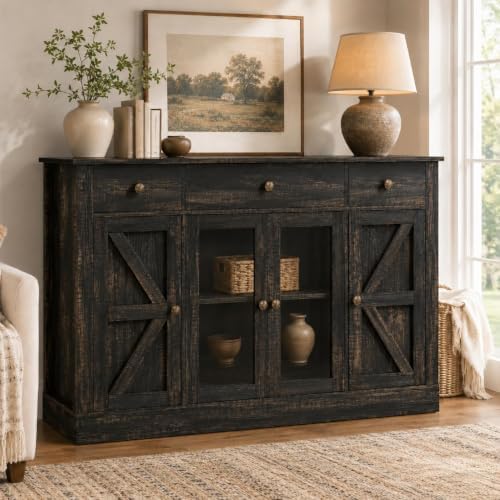 4 EVER WINNER 55" Large Coffee Bar Cabinet with 4 Doors and 3 Drawers, Buffet Cabinet with Plexiglass Doors, Kitchen Cabinet with Adjustable Shelves for Dining Room, Rustic Oak