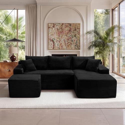 95-Inch U-Shaped Right Facing Corner Compressed Sofa Modular Sectional Boneless Cloud Sofa Floor Foam Couch W/Chaise Lounge & Ottoman, Corduroy Corner Boneless Cloud Couch