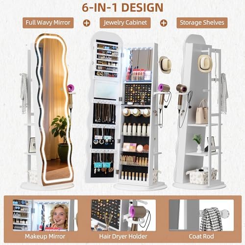 Vlsrka LED Mirror Jewelry Cabinet Standing, 360° Swivel, White | Lockable Jewelry Armoire with Mirror, Interior LED Makeup Mirror, Foldable Shelf, Large Capacity, Gift for Women, Girls
