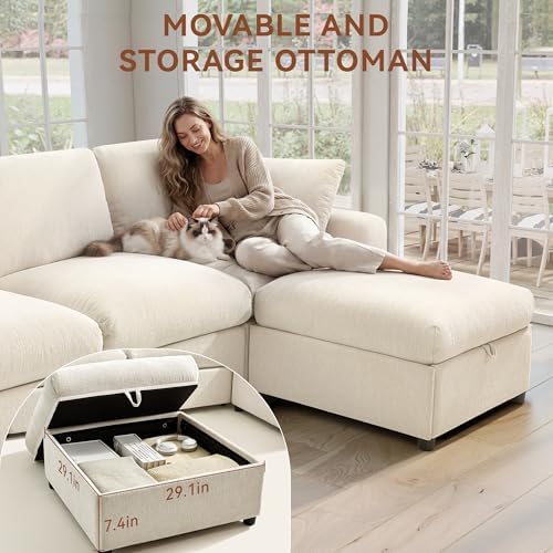 Ihanherry Oversized Cloud Sectional Couches for Living Room, Modular Sectional Sofa with Wide Deep Seat, Coner Couch with Throw Pillow and Storage Ottoman, Beige