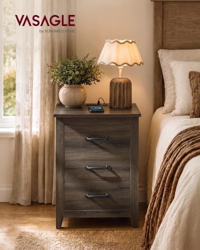 VASAGLE Farmhouse Nightstand with Charging Station, 3 Drawers