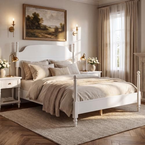 Christopher Knight Home Kane Wooden Queen Bed Frame with Headboard, Farmhouse Queen Size Bed Frame and Arched Headboard, 4-Poster Queen Bedframe with Slats Support, No Box Spring Needed, White