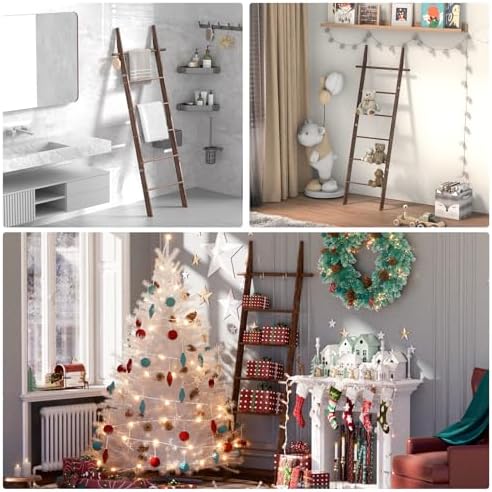 Farmhouse Wooden Blanket Ladder with Removable Hooks Brown 6-Tier