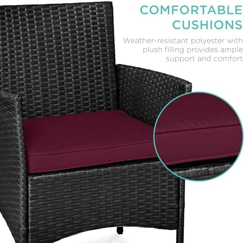 Best Choice Products 3-Piece Outdoor Wicker Conversation Bistro Set, Space Saving Patio Furniture for Garden w/Side Table - Black/Deep Burgundy