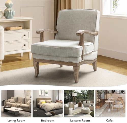 HULALA HOME Mid-Century Modern Accent Chair, Upholstered Living Room Lounge Chair, Lounge Armchair with Romantic Stripes & Solid Wood Legs, Living Room Bedroom Single Sofa Chair (Ivory)