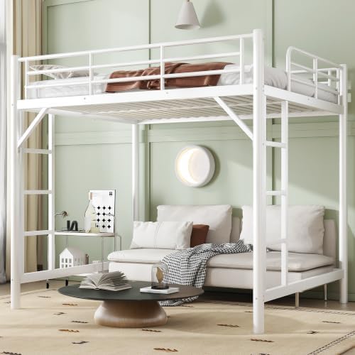 Bellemave Full Loft Bed, Metal Round Pipe, Dual Ladders, Save Space, White