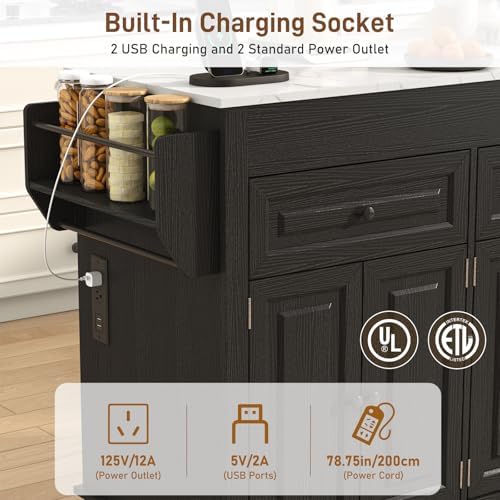 80"-48" Extendable Kitchen Island with Extended Dining Table and Power Outlet,Large Mobile Kitchen Storage Islands with 2 Storage Drawers,Rolling Islands Cart with 3 Extra Rows Open Shelves(Marble Bl)