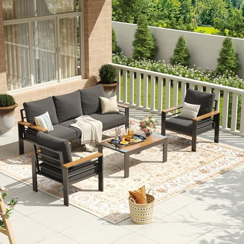 Aoxun Aluminum Patio Furniture Set 5 Seats, Oversized Outdoor Sectional with Washable Thick Cushions, Coffee Table, Patio Conversation Sets for Porch, Balcony, Deck