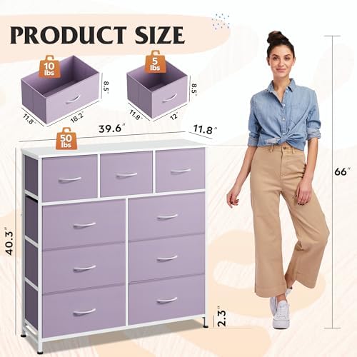 WLIVE Tall Dresser for Bedroom, 9 Drawer Chest of Drawers, Purple