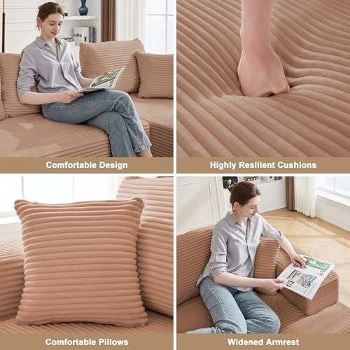 Mangodan 110” Boneless Couch, Cloud Sectional Sofa for Living Room, Camel