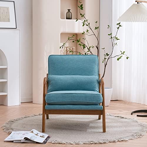 Bonnlo LinenTeal Mid Century Modern Accent Chair, Soild Wood Padding Lounge Armchairs Side Sitting Chairs for Living Room, Bedroom, Guest Room