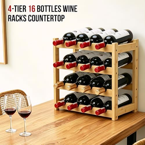 Bamboo Wine Rack, 4-Tier 16 Bottles Wine Storage Cabinet Shelf