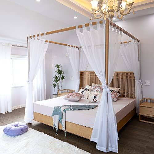 Linentalks Sheer Canopy Bed Curtains for King, Queen, Full and Twin Bed, 4 Corner Bed Canopies & Drapes, Four Poster Bed Canopy Curtains Beds, Sheer Curtains for Canopy Bed Drapes, White