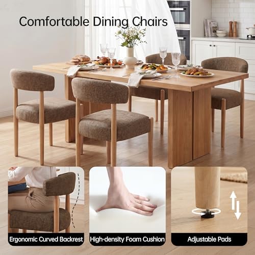 VKNOW Upholstered Dining Room Set for 4, Mid-Century Modern Dining Chairs Set of 2 and Dining Bench with Rubberwood Legs, for Dining Room, Living Room, Kitchen, Dark Brown
