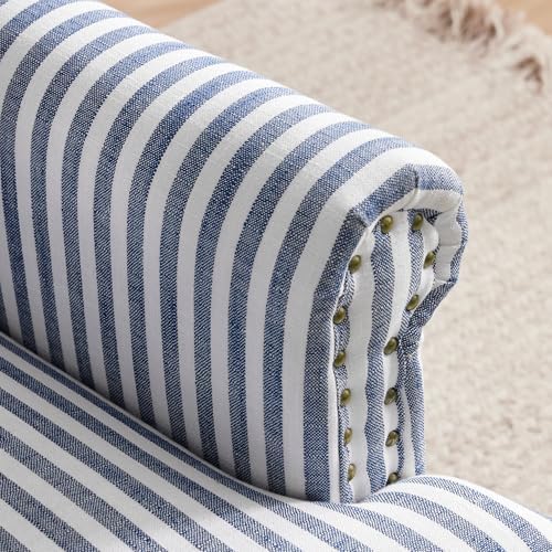 HUIMO Linen Fabric Accent Chairs Set of 2, Mid-Century Modern Armchair with Solid Wood Legs, Single Sofa Chair,Upholstered Reading Club Chair (2, Dark Blue and White Stripe)