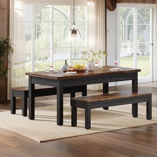 Tribesigns Farmhouse Kitchen Table Set for 4-6, 55-Inch Wooden Dining Table with 2 Benches, Space Saving 3 Pieces Heavy Duty Dinette for Dining Room, Kitchen, Small Space (Black-Brown)