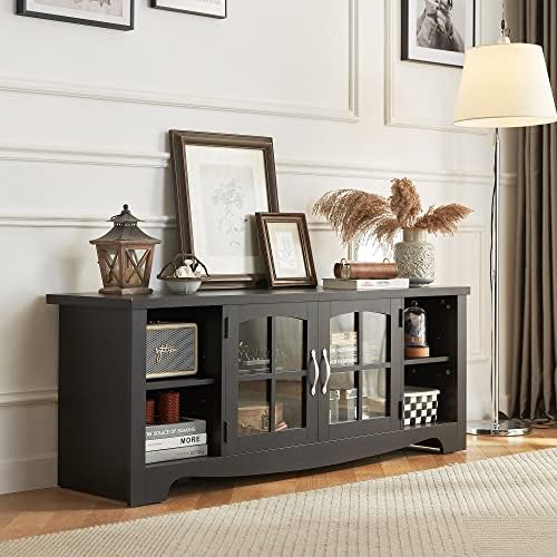 LINSY HOME Living Room Table Sets 4 Piece with TV Stand, Farmhouse TV Stand for 65 Inch TV, Coffee Table with Drawers, Two End Table with Charging Station, Black