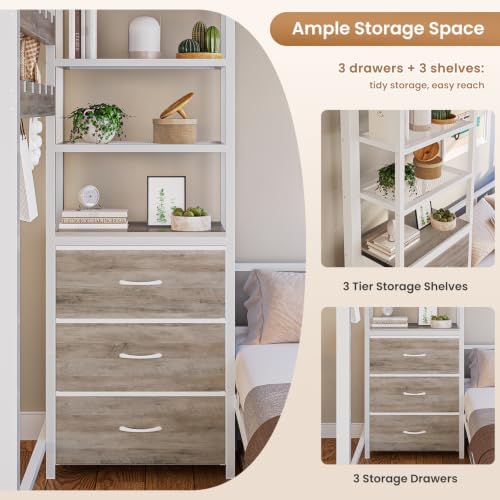 AOGLLATI Bunk Bed Twin Over Twin with 6 Storage Drawers and Desk for Kids Teens, Metal Led Twin Loft Bed with Charging Station and Side Bag,Hanging Rod,Stair,and Guardrail for Space Saving,White
