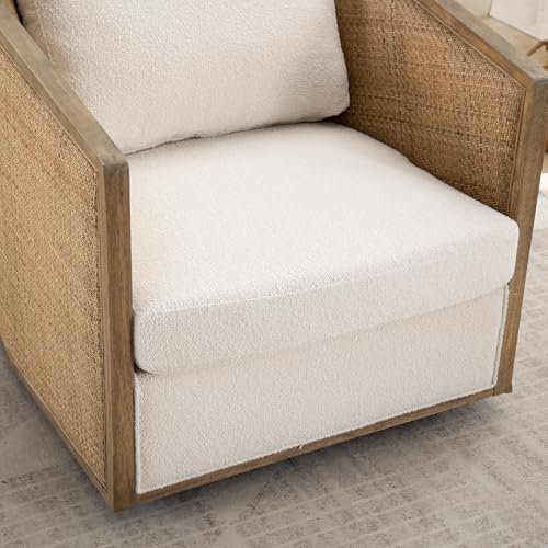 Anwick Brown Swivel Barrel Chair & Rattan Accent Chair, Modern Club Chair, Small Chair, Corner Chairs & Reading Chair for Bedroom, Living Room, Reading Nook, Adults (Beige Boucle)