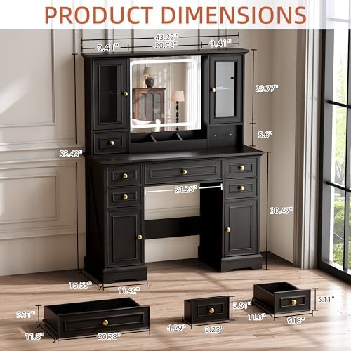 Vanity Desk with Mirror & Lights, Makeup Vanity with Power Outlet & USB Ports, Farmhouse Dressing Table, 6 Drawers & 4 Storage Cabinets, RGB Cabinet Lighting, 3-Color Dimmable Mirror