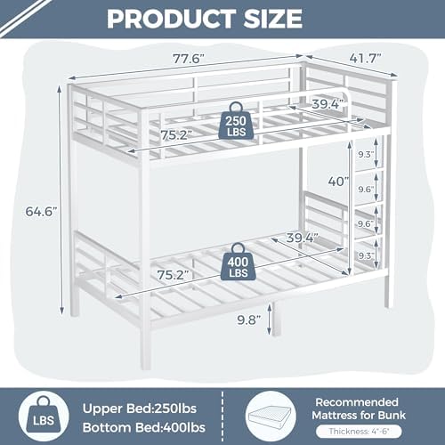 Bunk Bed Twin Over Twin, Heavy Duty Metal Twin Bunk Beds for Teens and Adults, Noise-Free Design Bunkbeds with Ladder, Guardrail for Bedroom, Dorms and Apartment (White, Twin Over Twin)