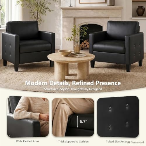 STHOUYN Black Accent Chairs Set of 2, Faux Leather Living Room Chair