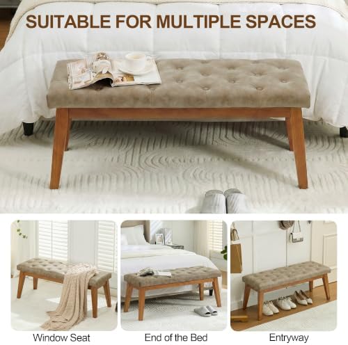 43.5" Button Tufted Faux Leather End of Bed Entryway Bench, Light Taupe
